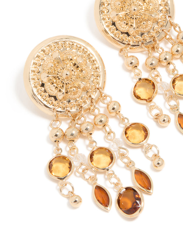 Gold Brown Diamante Festival Dangle Drop Earrings