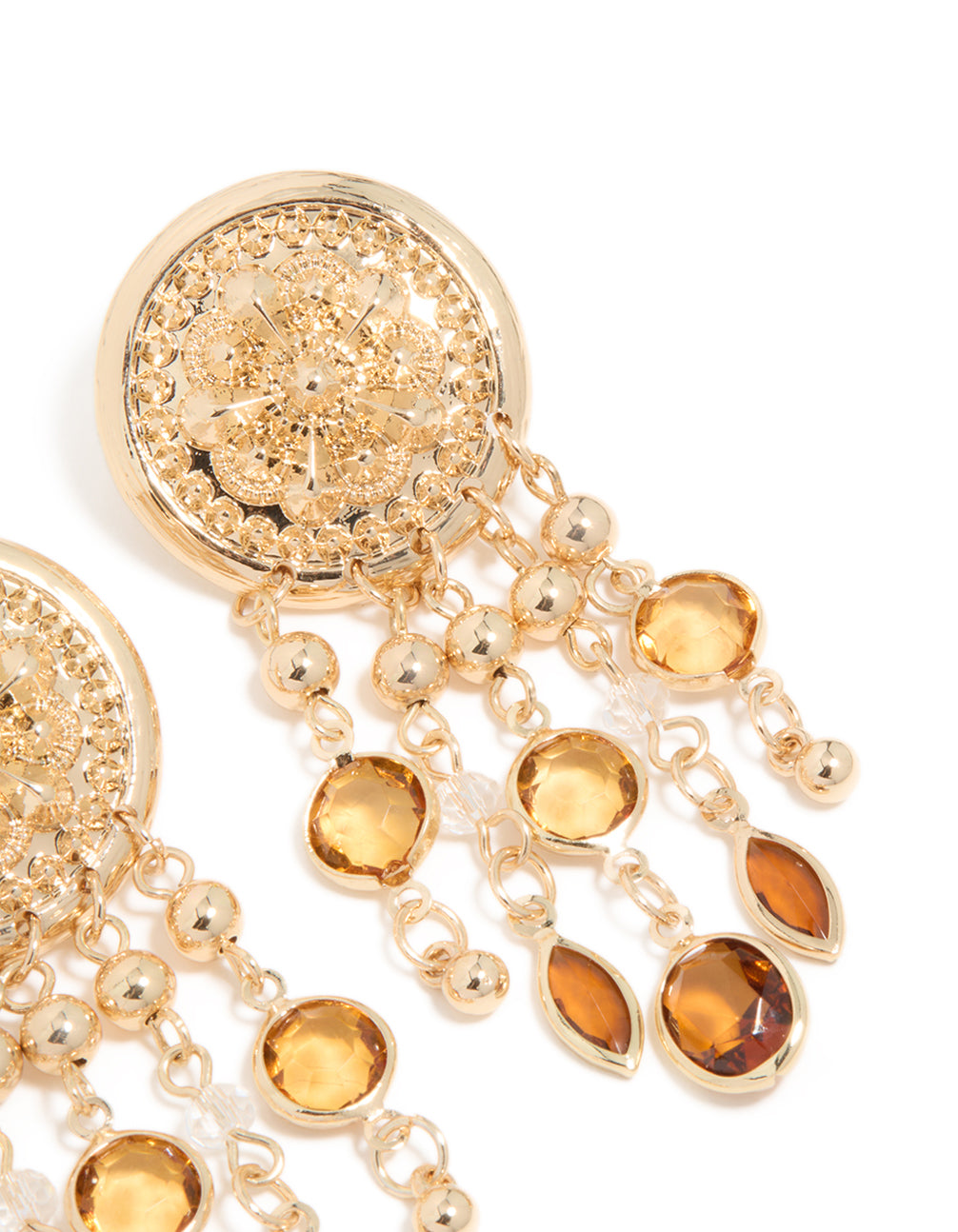 A detailed view of gold brown diamante festival dangle drop earrings with floral design, balls, charms statement style post detail view