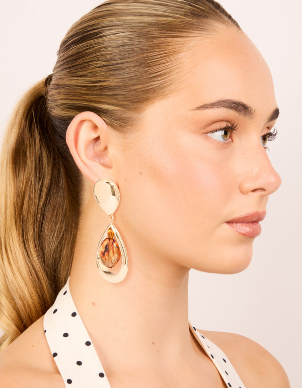 Gold Brown Acrylic & Double Drop Earrings