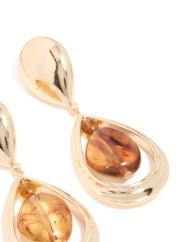 Gold Brown Acrylic & Double Drop Earrings