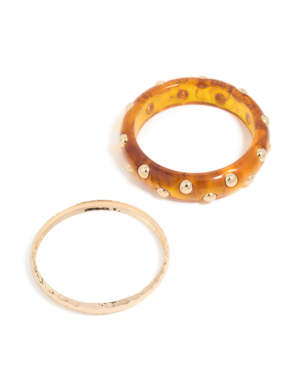 Discover this 2-pack studded acrylic bangle set featuring gold and brown tones in front view