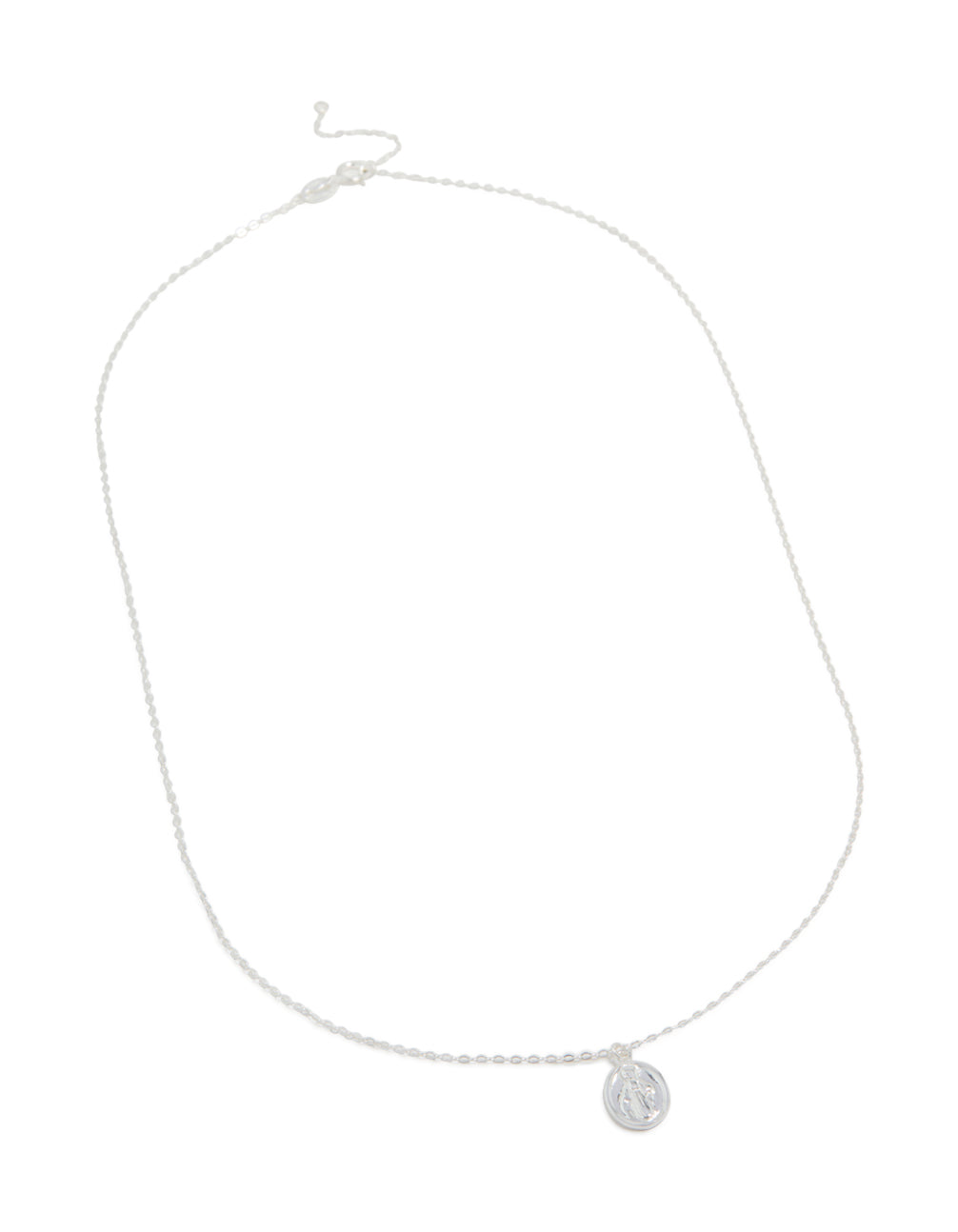 Highlighting sterling silver round Mary pendant necklace with statement styling in silver front view