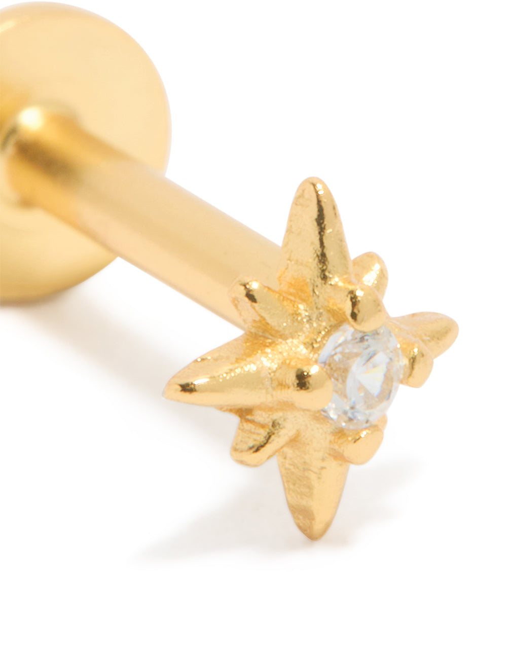 Showcasing a celestial star stud in gold plated sterling silver with cubic zirconia and flat back closure close up view