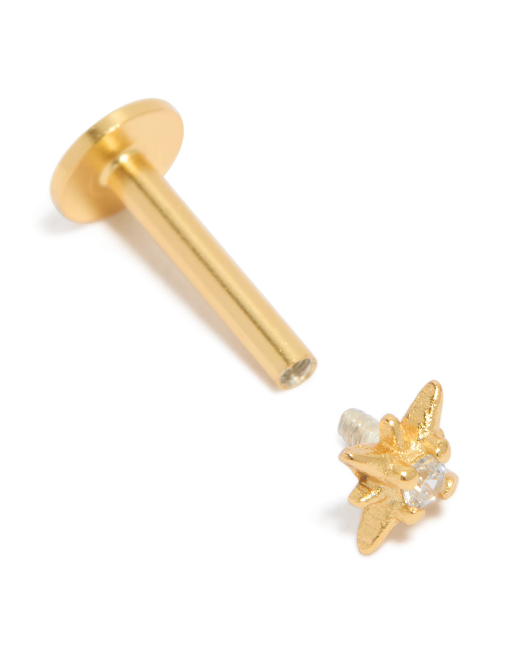 Featuring a celestial star stud made from gold plated sterling silver with cubic zirconia and flat back closure post detail view