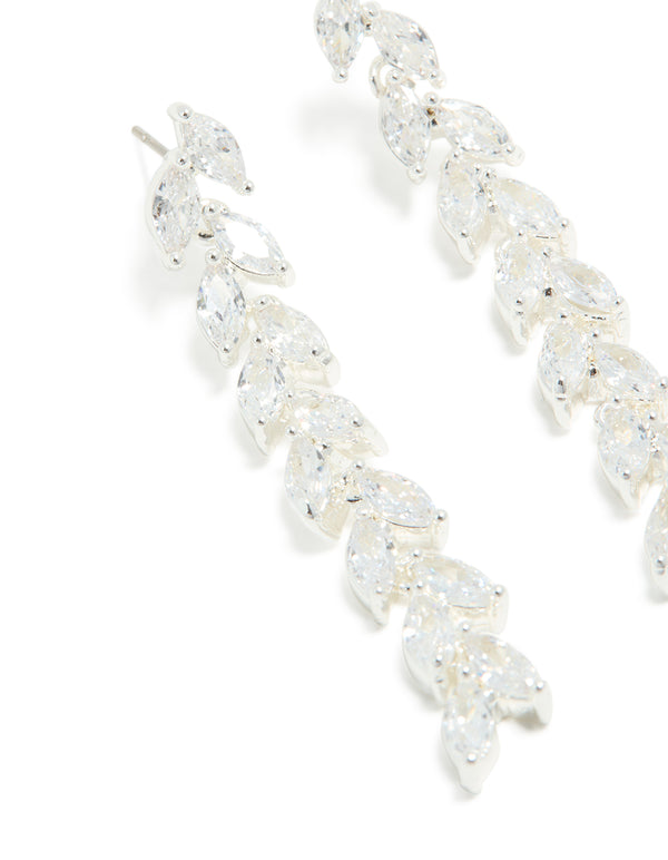 Silver Plated Cubic Zirconia Leaf Detail Drop Earrings