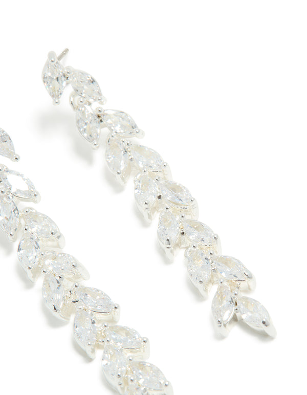 Silver Plated Cubic Zirconia Leaf Detail Drop Earrings