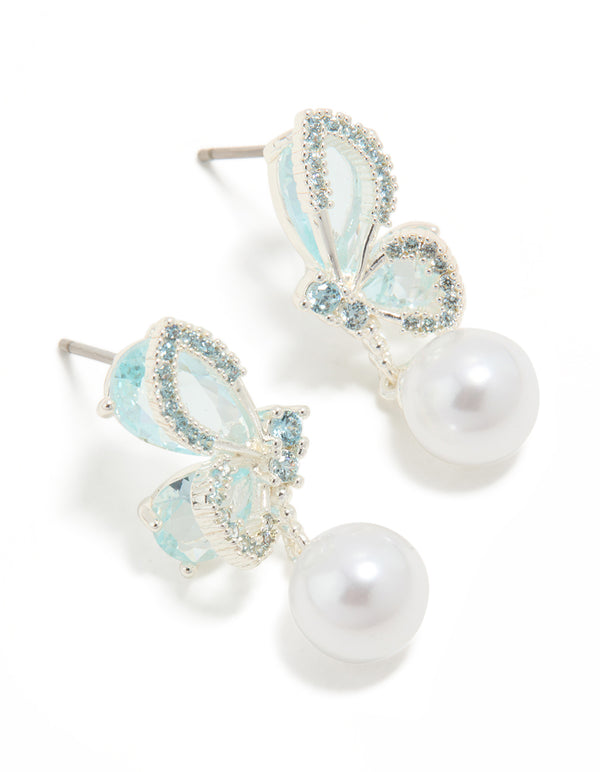 Silver Plated Cubic Zirconia Butterfly & Pearl Drop Earrings