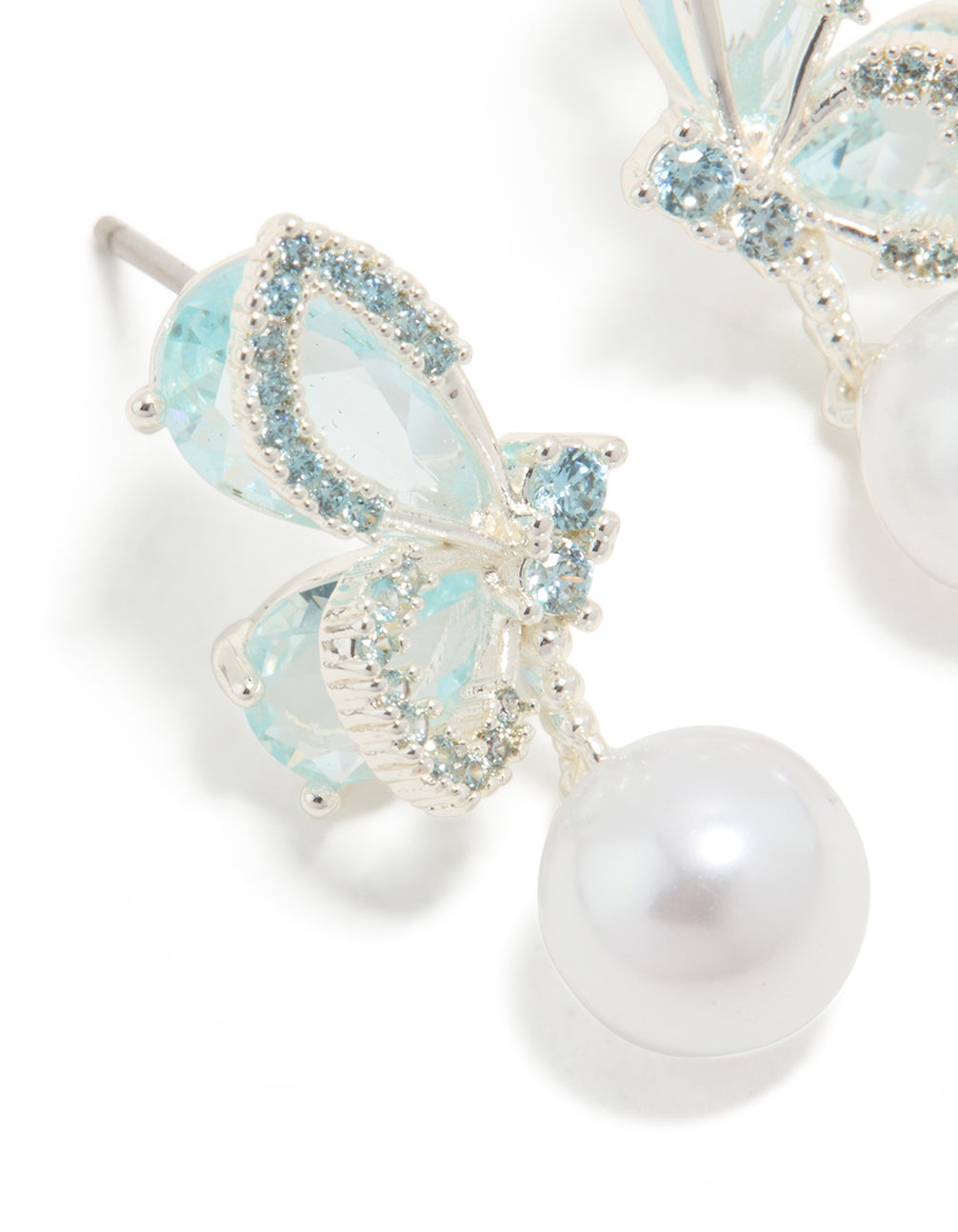 Silver Plated Cubic Zirconia Butterfly & Pearl Drop Earrings