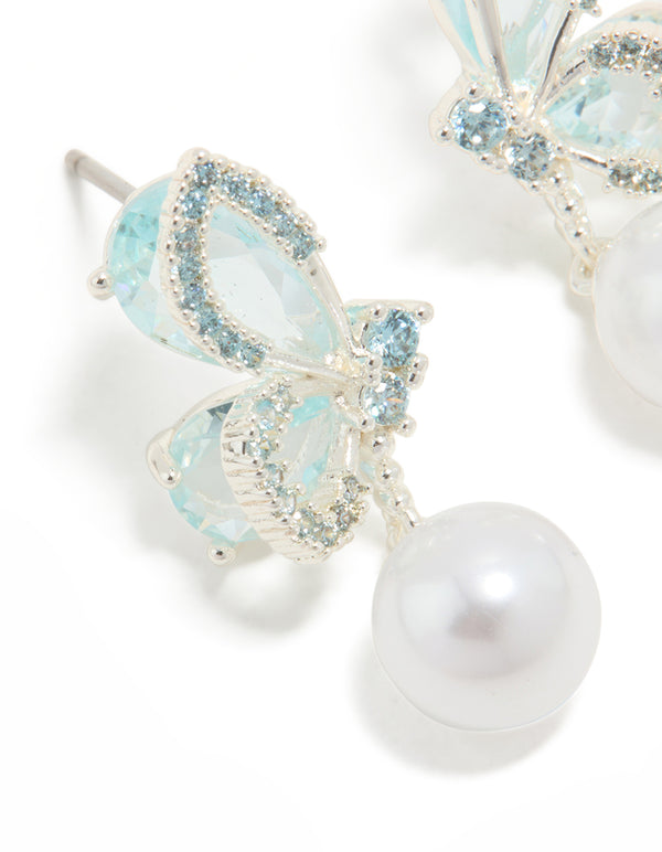 Silver Plated Cubic Zirconia Butterfly & Pearl Drop Earrings