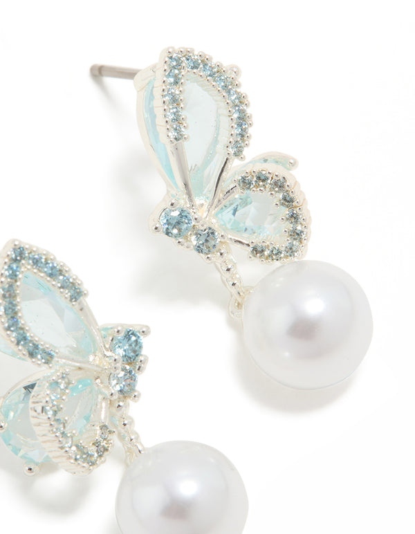 Silver Plated Cubic Zirconia Butterfly & Pearl Drop Earrings