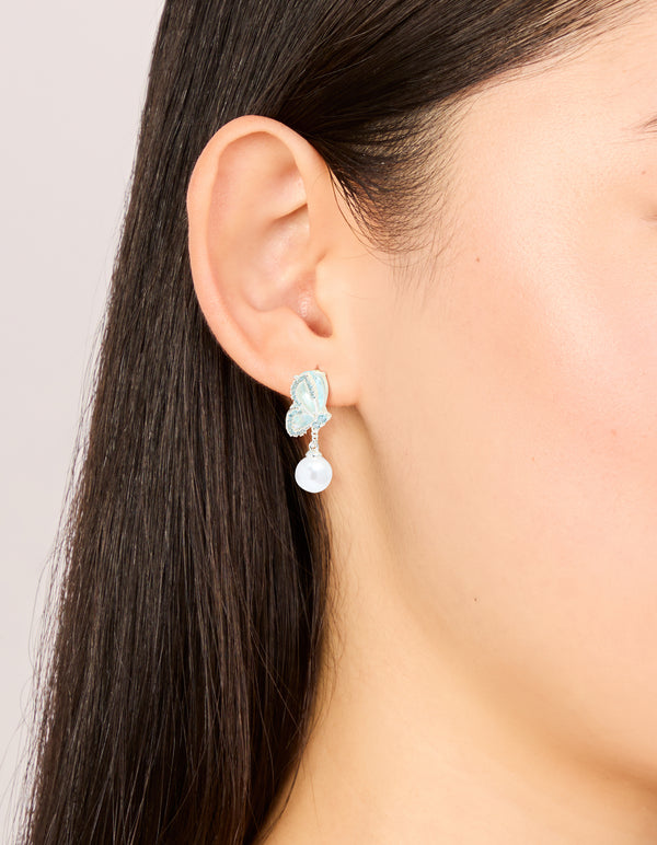 Silver Plated Cubic Zirconia Butterfly & Pearl Drop Earrings