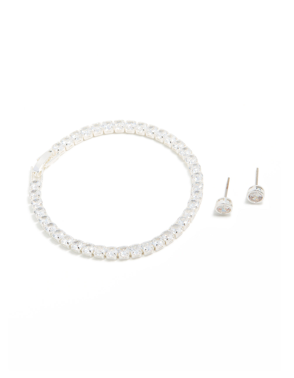 Silver Plated Cubic Zirconia Circle Tennis Bracelet & Earrings Set