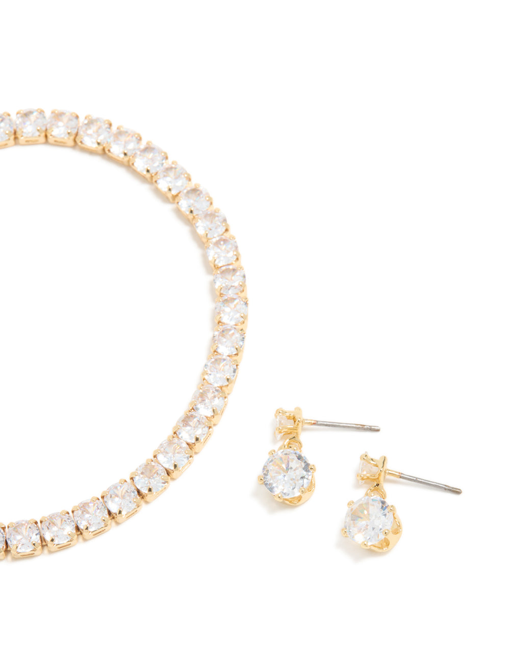 Gold Plated Cubic Zirconia Drop Earrings & Tennis Bracelet Set