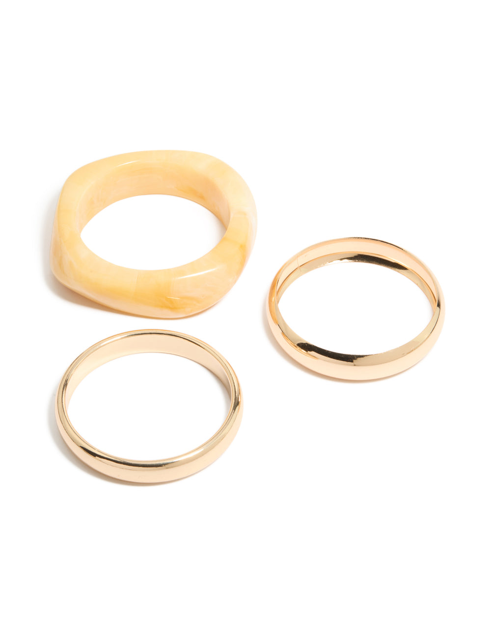 Showcasing gold and cream acrylic bangles in a 3-pack front view