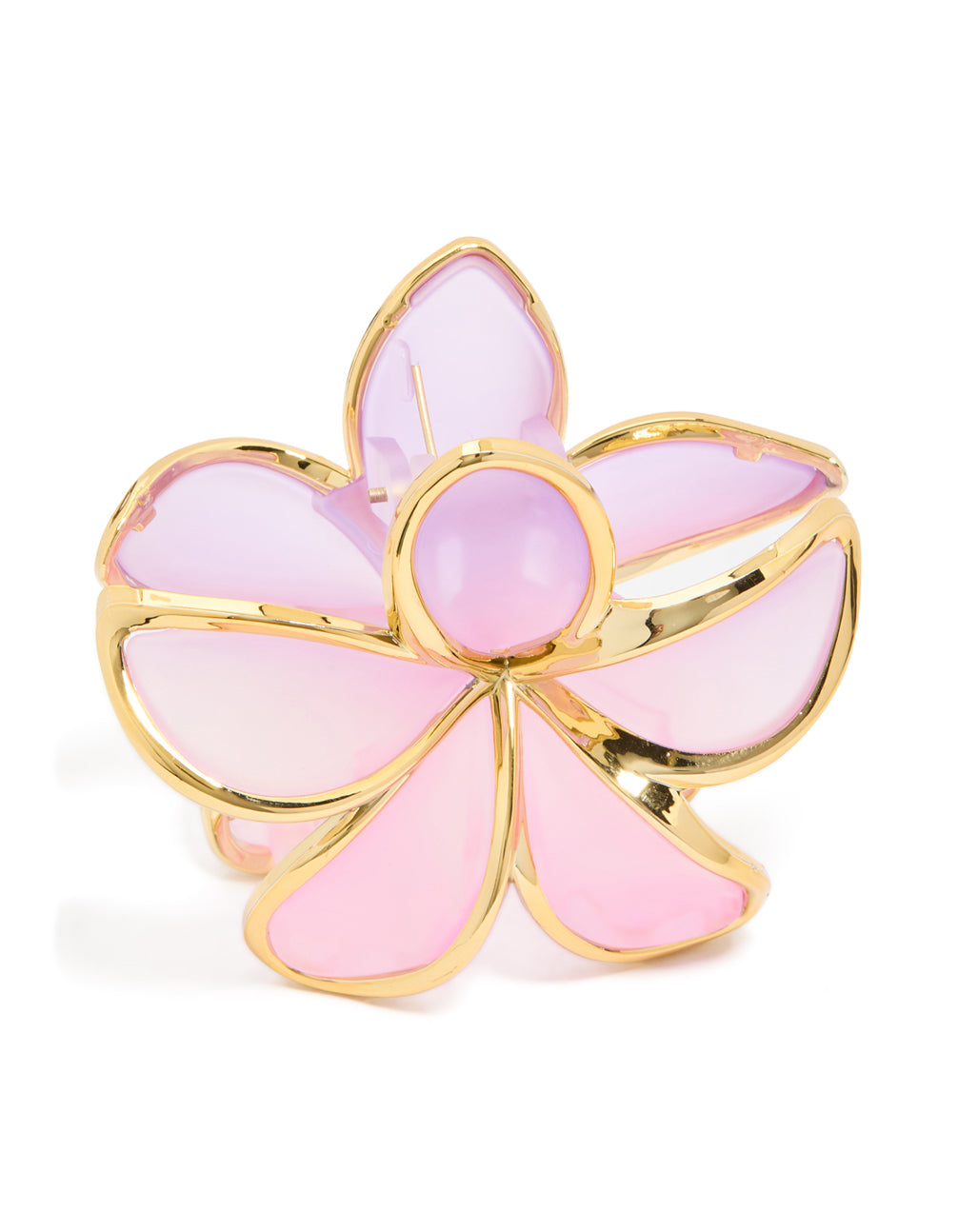 Features a floral pink and plum with gold outline frangipani flower claw clip front view