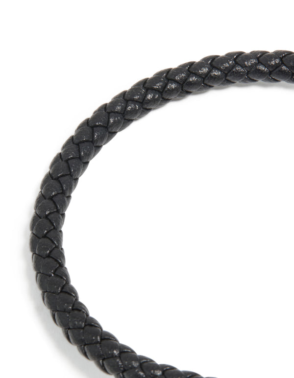Waterproof Gold Plated Stainless Steel Black PU Leather Braided Chunky Link Bracelet