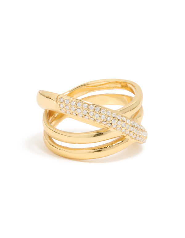 Waterproof Gold Plated Stainless Steel Cubic Zirconia Criss Cross Pave Ring