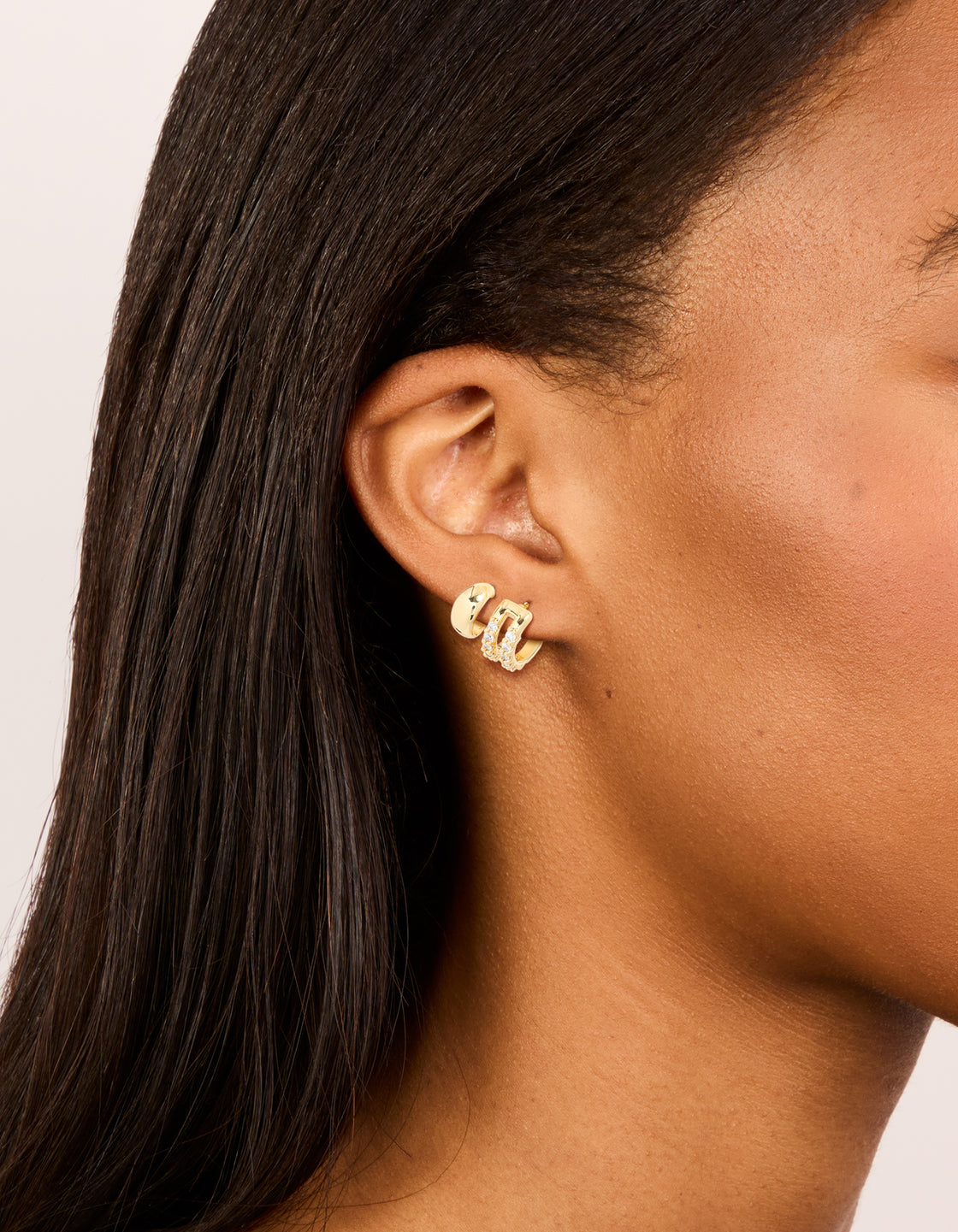 Gold Plated Brass Smooth & Cubic Zirconia Double Hoop Earrings 2-Pack