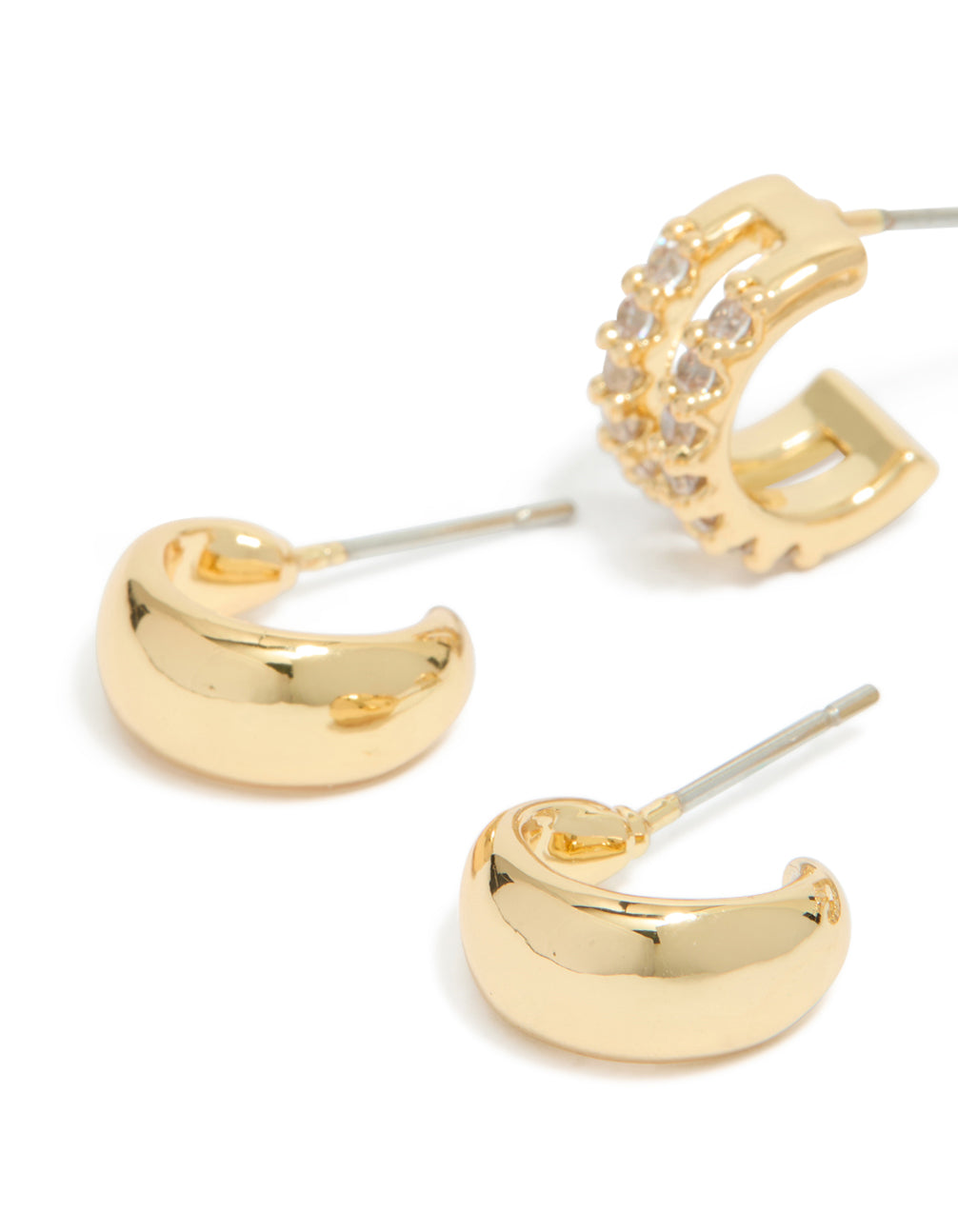 Gold Plated Brass Smooth & Cubic Zirconia Double Hoop Earrings 2-Pack