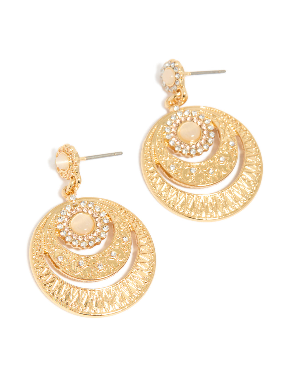 Featuring gold plated boho circle drop earrings front view