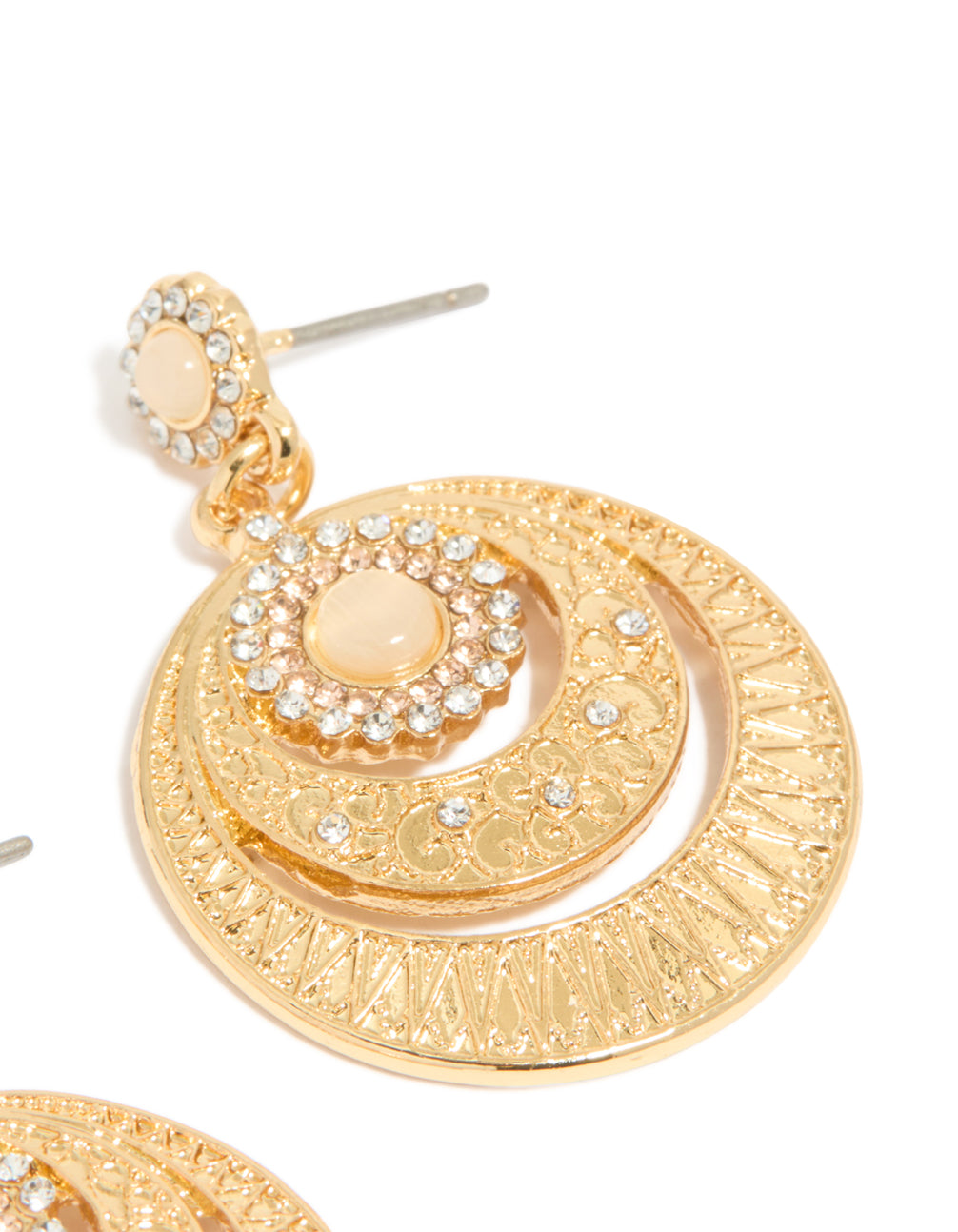 Close examination of gold plated boho circle drop earrings post detail view