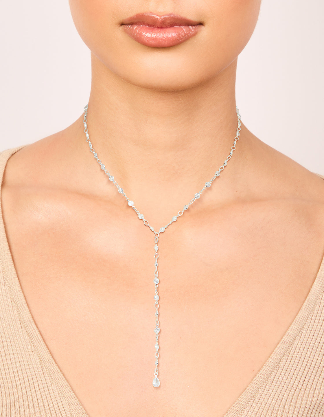 Silver Plated Cubic Zirconia Circle Detail Y-Necklace
