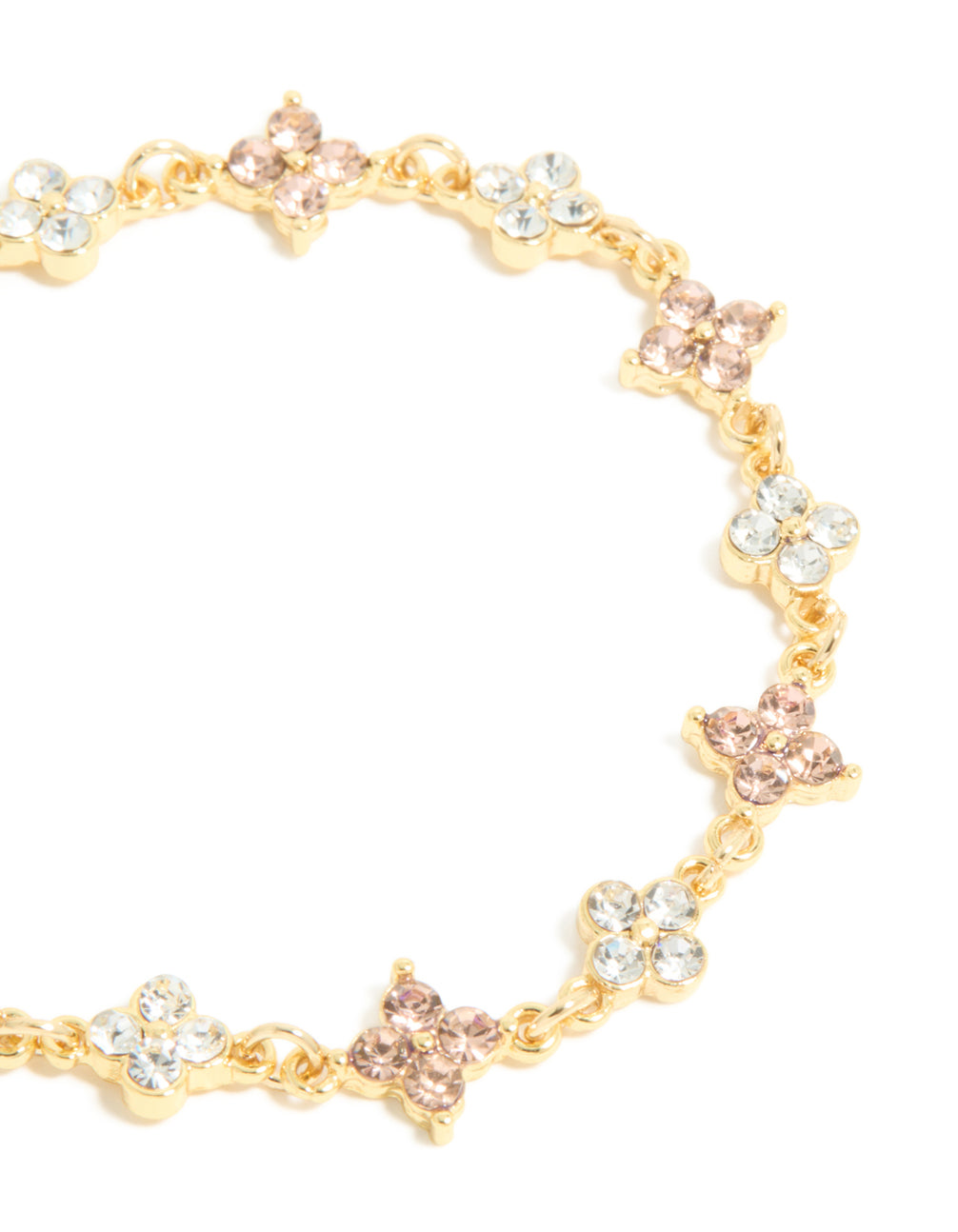 Gold Plated Pink & Clear Cubic Zirconia Flowers Charm Bracelet