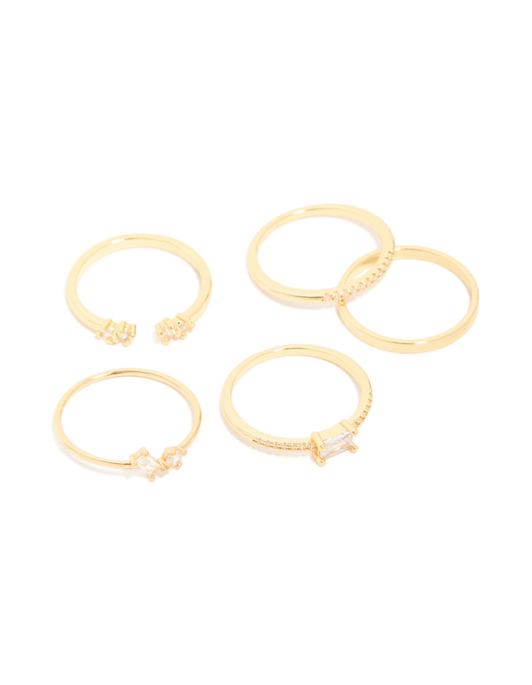 Featuring gold plated open rectangular cubic zirconia rings in a 5-pack front view