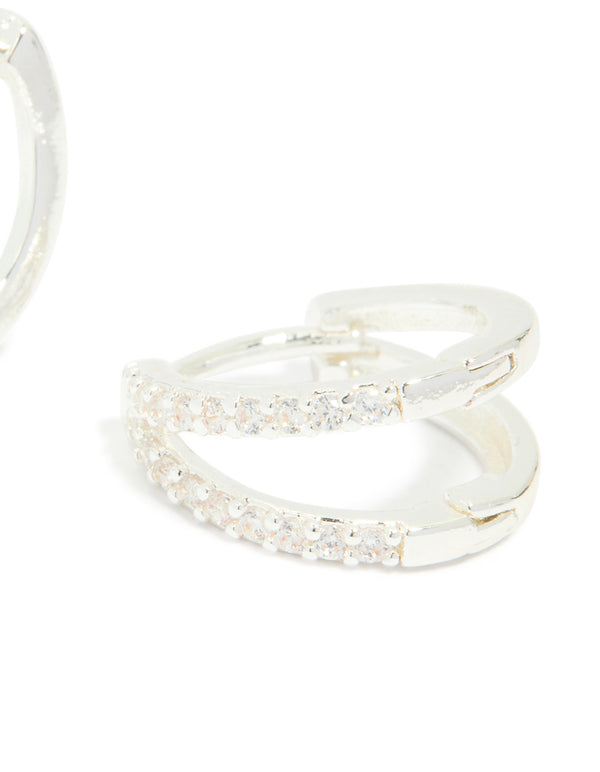 Crafted from dainty silver plated cubic zirconia double layered small earrings with huggie closure post detail view