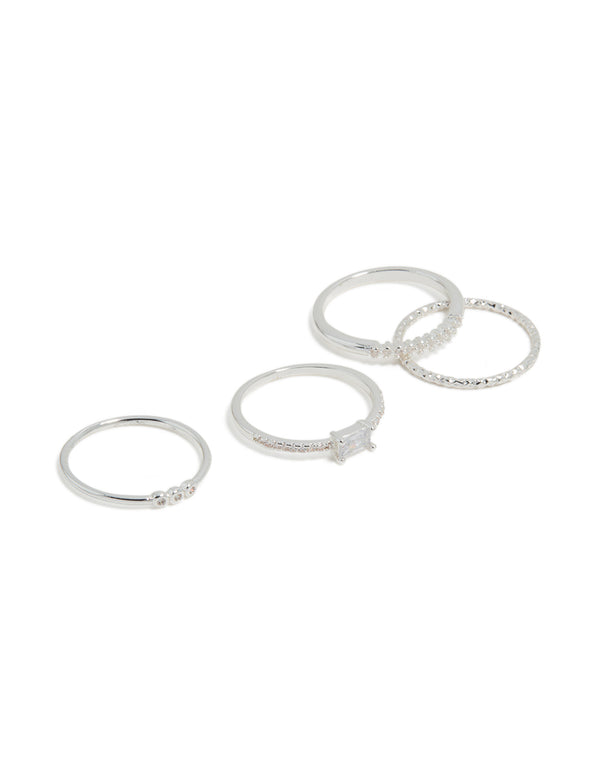 Crafted from silver plated cubic zirconia square bezel rings 4-pack front view