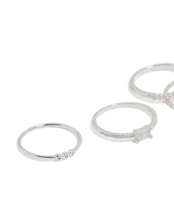 Showcasing silver plated cubic zirconia square bezel rings 4-pack close up view