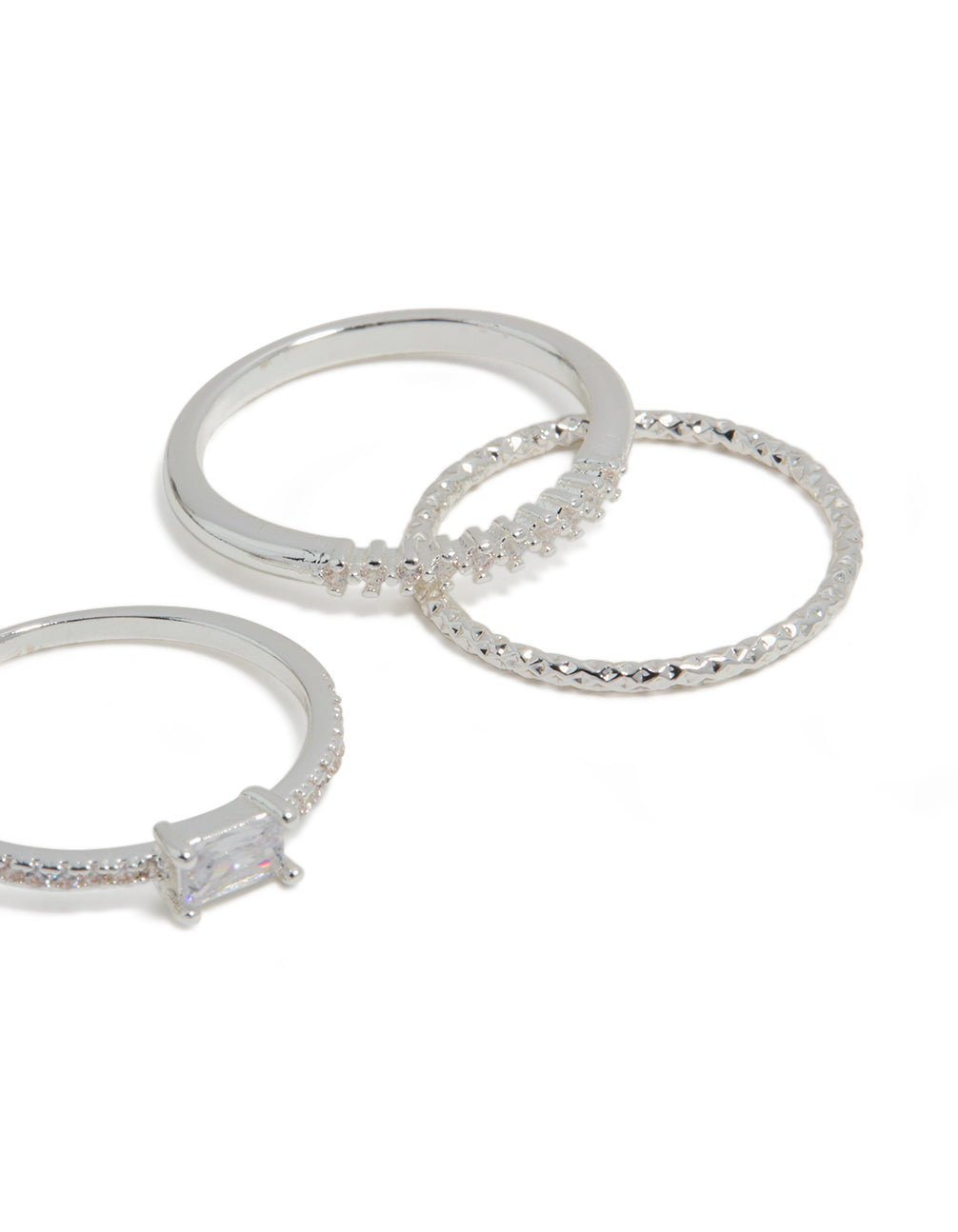 Designed with silver plated cubic zirconia square bezel rings 4-pack side detail view