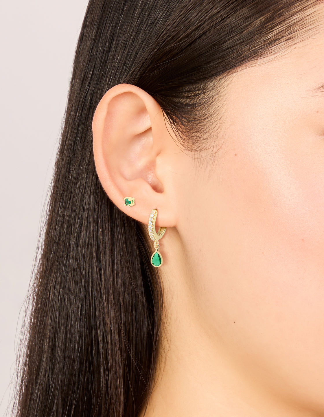 Gold Plated Brass Emerald Cubic Zirconia May Birthstone Earrings 2 Pack