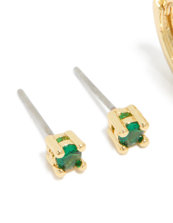 Gold Plated Brass Emerald Cubic Zirconia May Birthstone Earrings 2 Pack