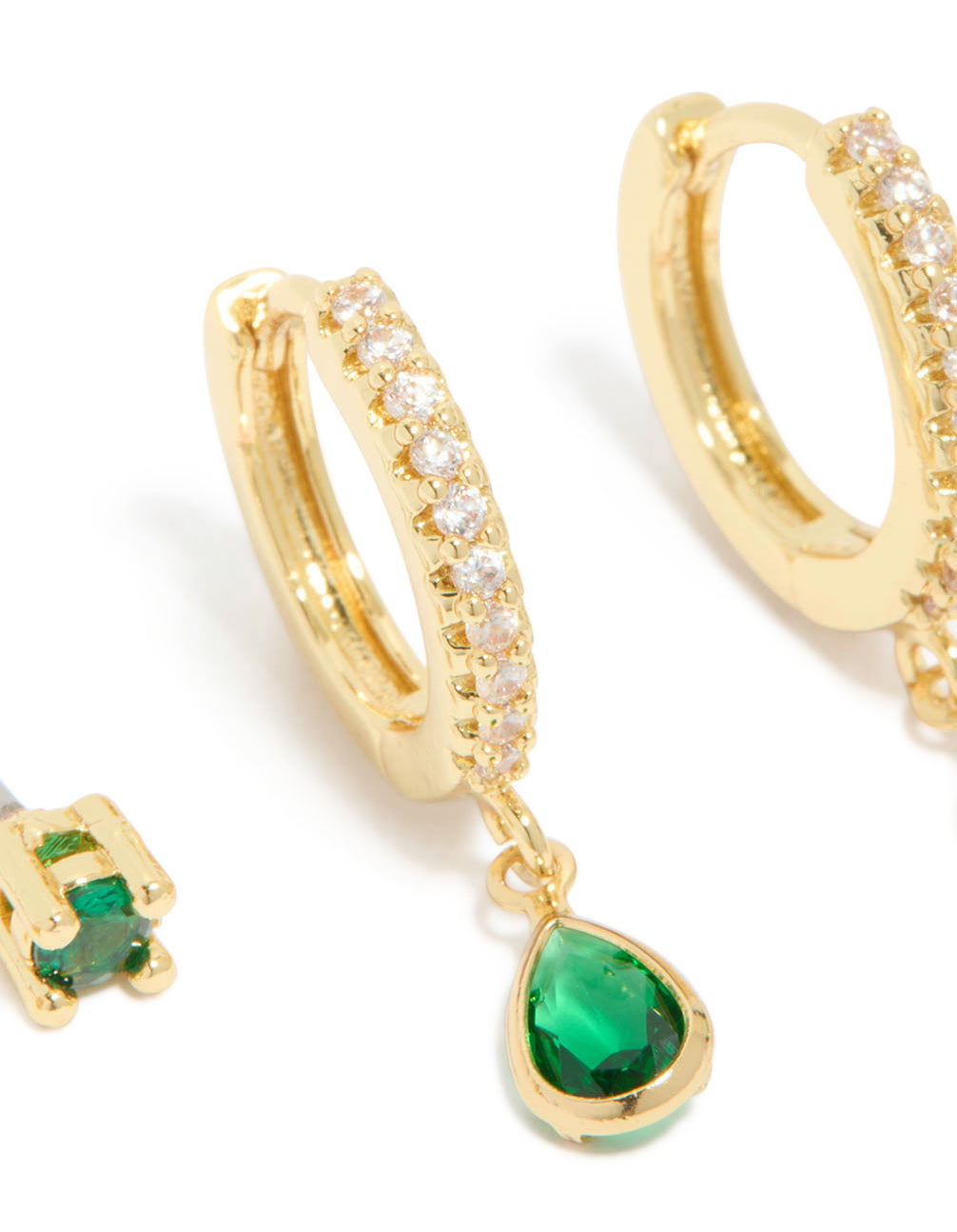Gold Plated Brass Emerald Cubic Zirconia May Birthstone Earrings 2 Pack