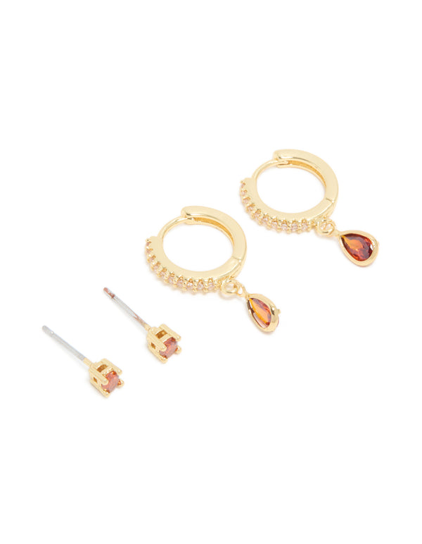 Gold Plated Brass Garnet Cubic Zirconia January Birthstone Earrings 2-Pack