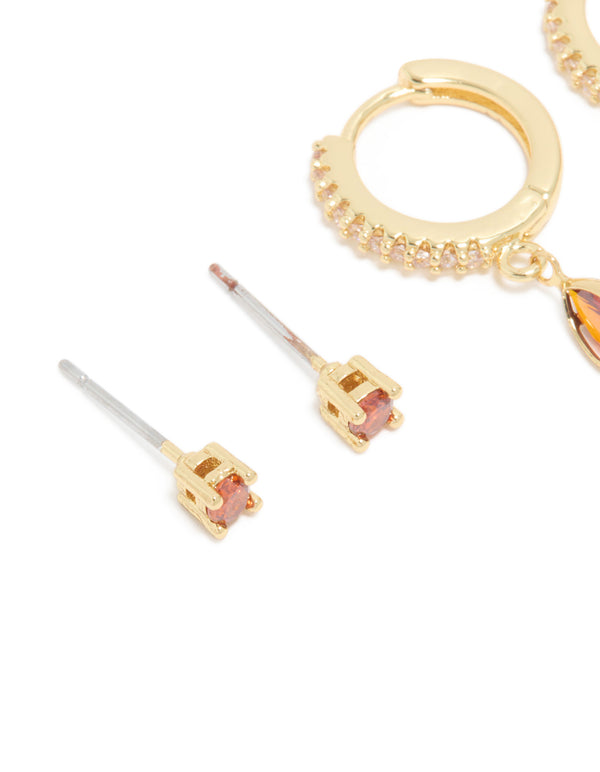 Gold Plated Brass Garnet Cubic Zirconia January Birthstone Earrings 2-Pack