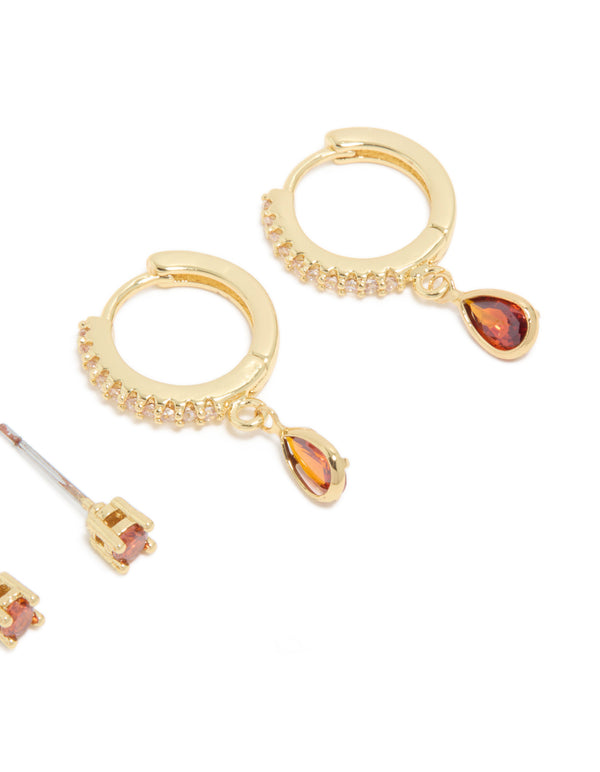 Gold Plated Brass Garnet Cubic Zirconia January Birthstone Earrings 2-Pack