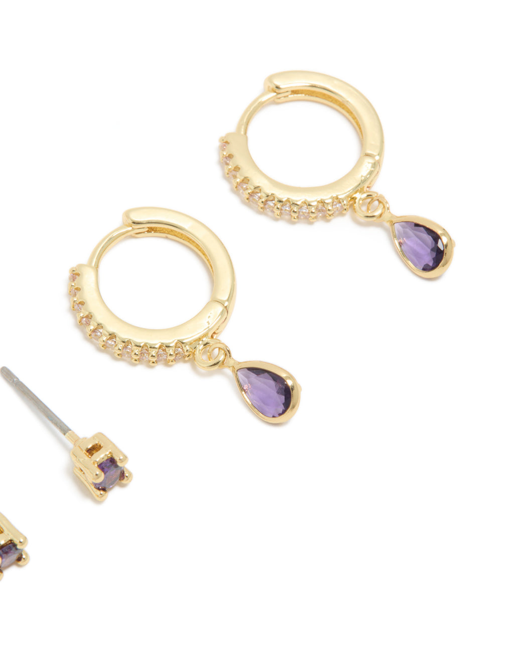 Gold Plated Brass Amethyst Cubic Zirconia February Birthstone Earrings 2 Pack