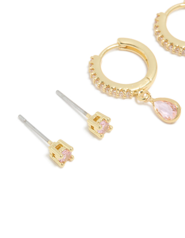 Gold Plated Brass Pink Tourmaline October Birthstone Earrings 2 Pack