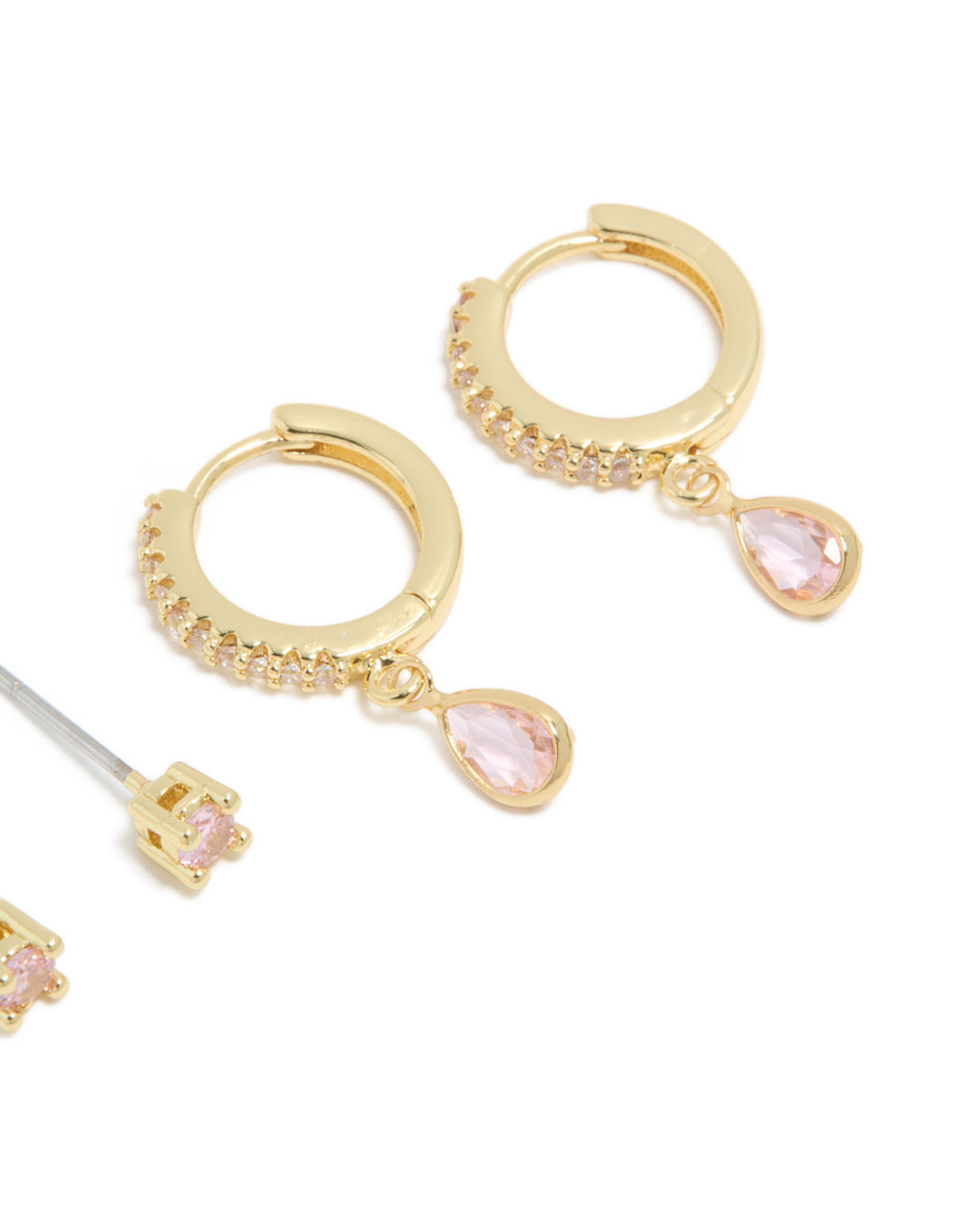 Gold Plated Brass Pink Tourmaline October Birthstone Earrings 2 Pack