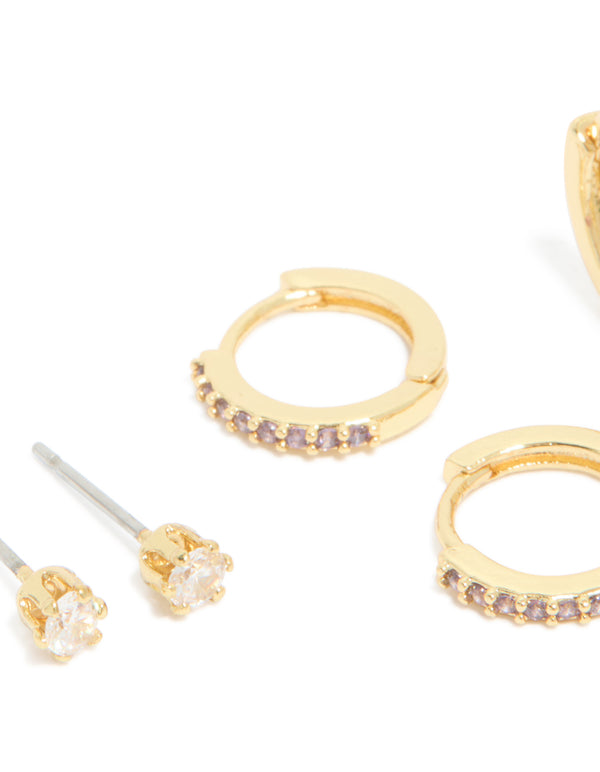 Gold Plated Brass Amethyst Cubic Zirconia February Birthstone Earrings 4-Pack
