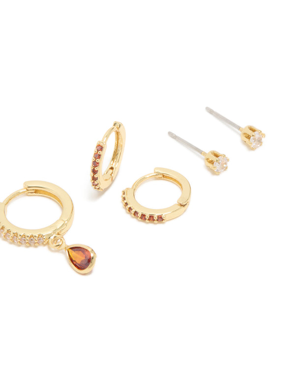 Gold Plated Brass Ruby Cubic Zirconia July Birthstone Earrings 4-Pack