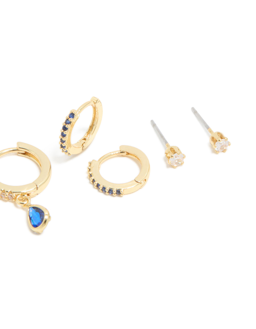 Designed with gold plated brass, sapphire cubic zirconia crystals, ball feature, stud and huggie closure in a 4-pack detail view