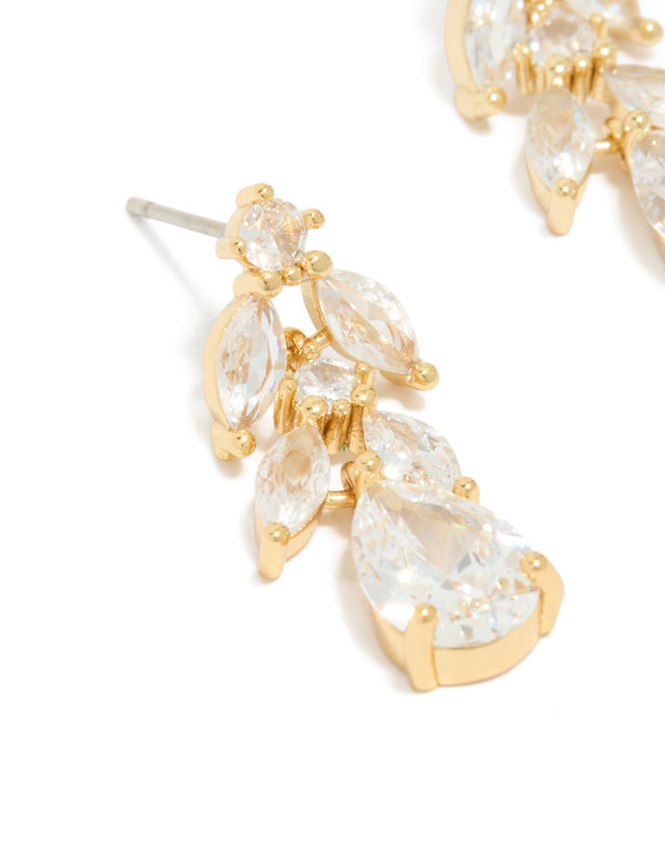 Elegant gold plated cubic zirconia vine drop earrings close up view