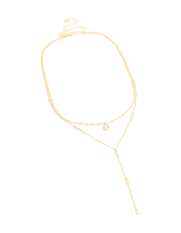 Featuring a gold plated cubic zirconia layered Y-necklace detailing in a statement style front view