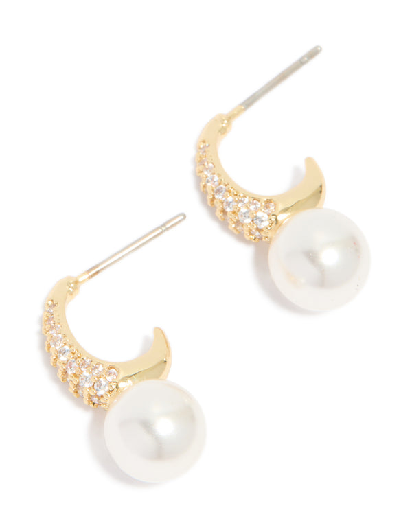 Elegant gold plated cubic zirconia and pearl small pave open hoop earrings front view