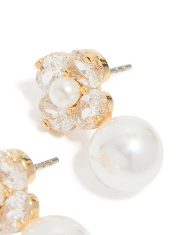 Beautifully crafted gold plated cubic zirconia flower and pearl drop earrings showcasing post detail view
