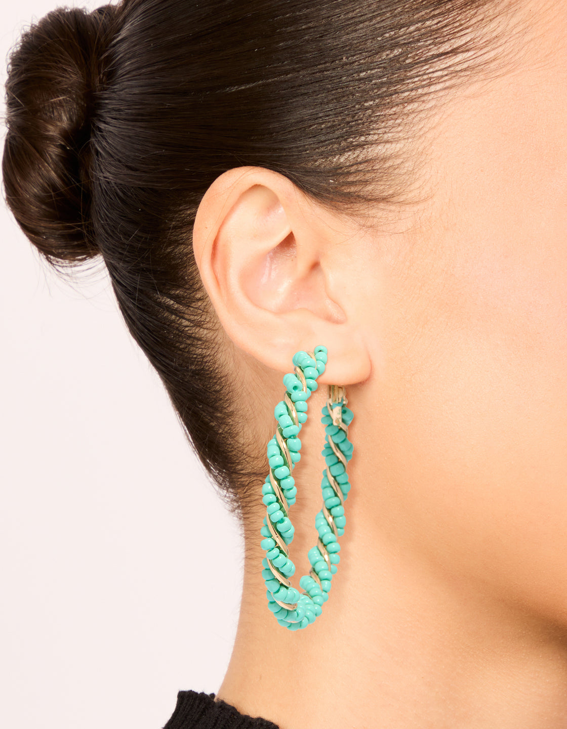 Light Blue Beaded Small Hoop Earrings