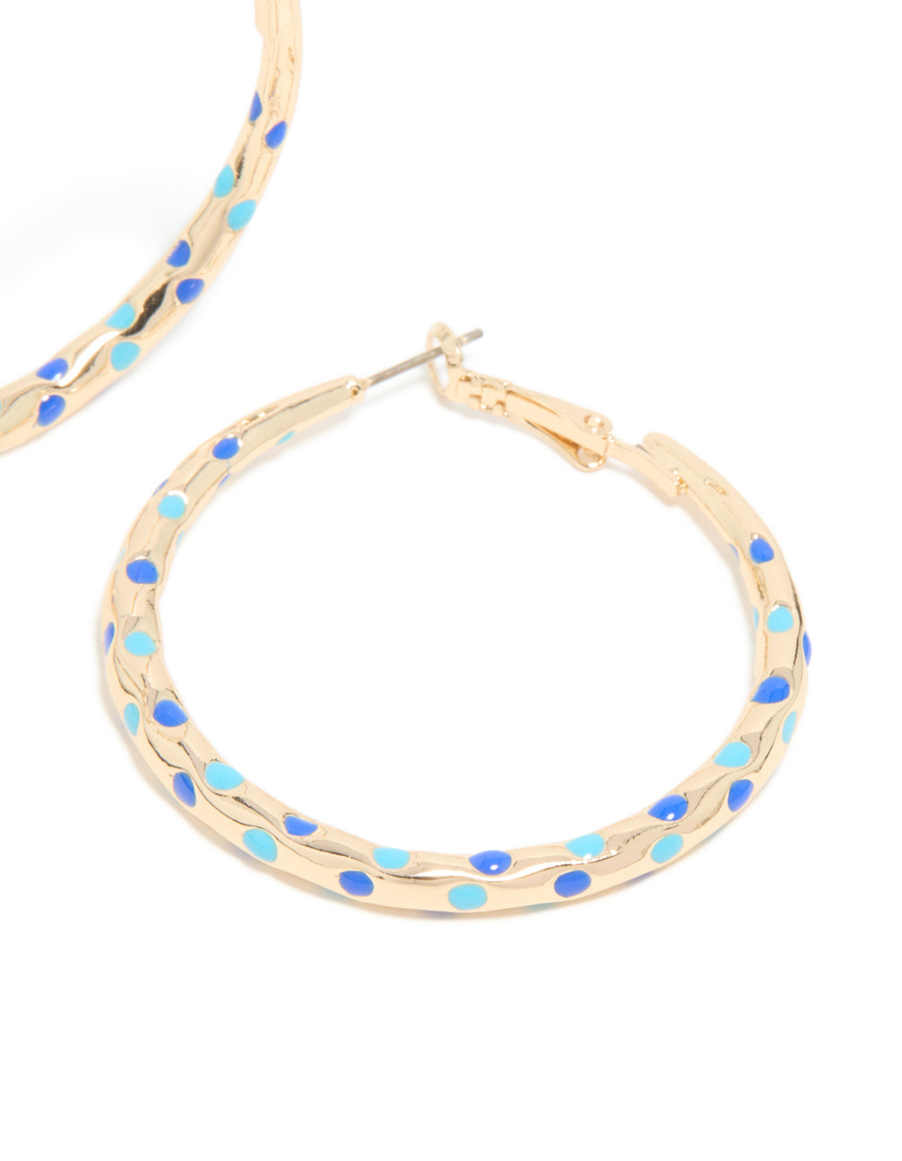 Gold Light & Dark Blue Enamel Dotted Large Thin Hoop Earrings